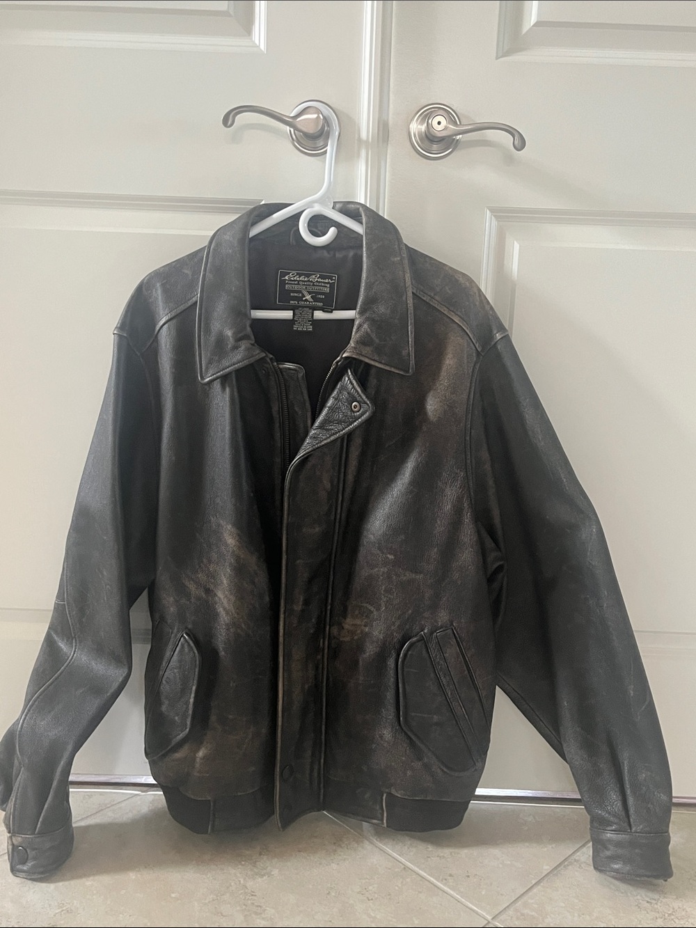 Eddie Bauer Distressed Black Leather Bomber Jacket